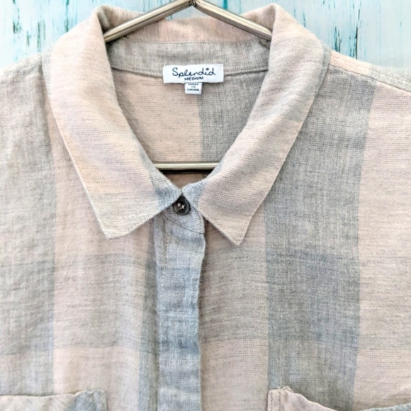 3/$20 Splendid Wildwood Pink and Grey Plaid Top - Picture 4 of 8